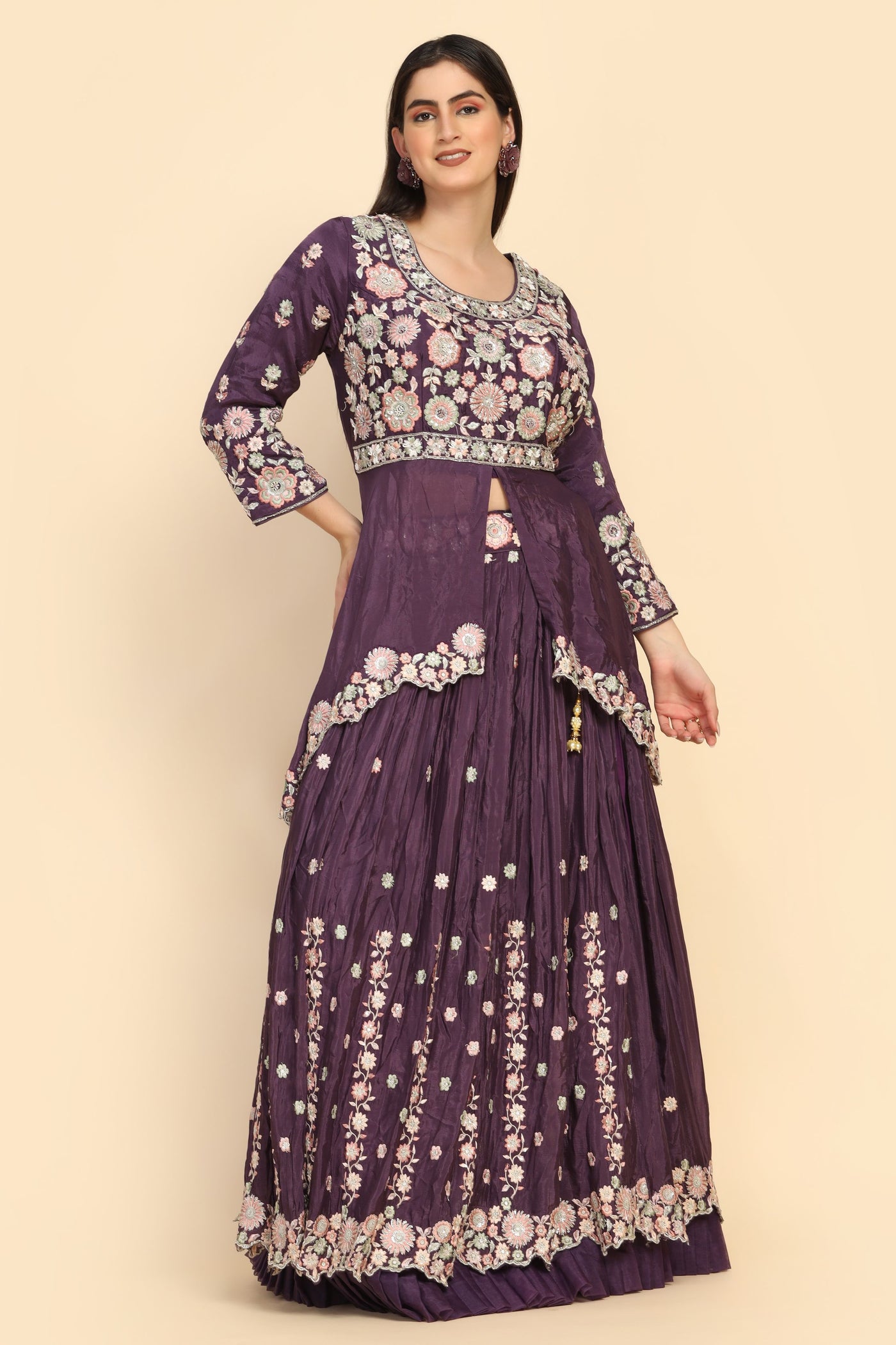elegant purple color floral motif embroidered lehenga set