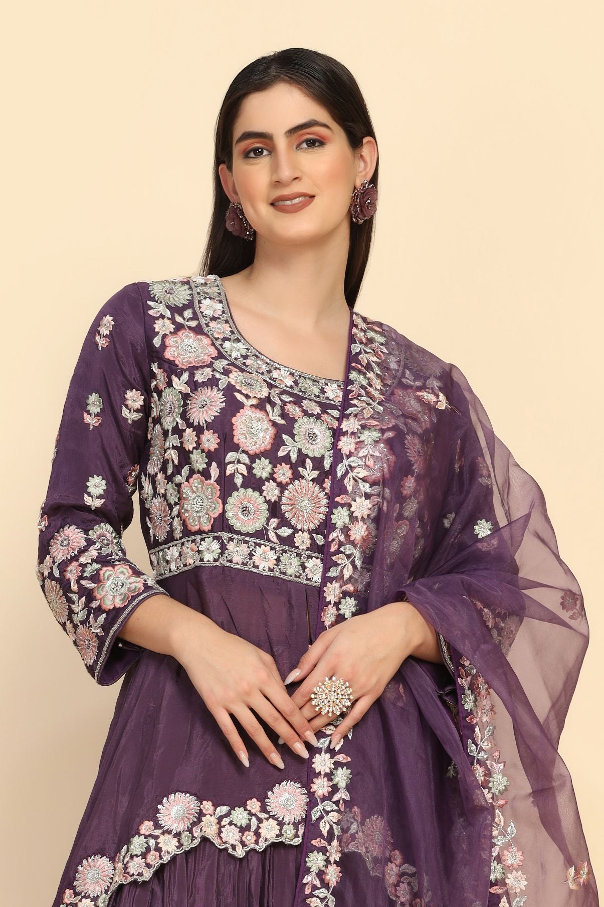 elegant purple color floral motif embroidered lehenga set