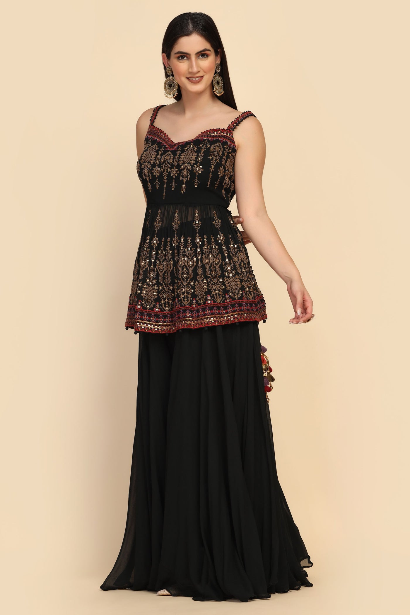 Classic Black Color Floral Motif Embroidered Palazzo Set