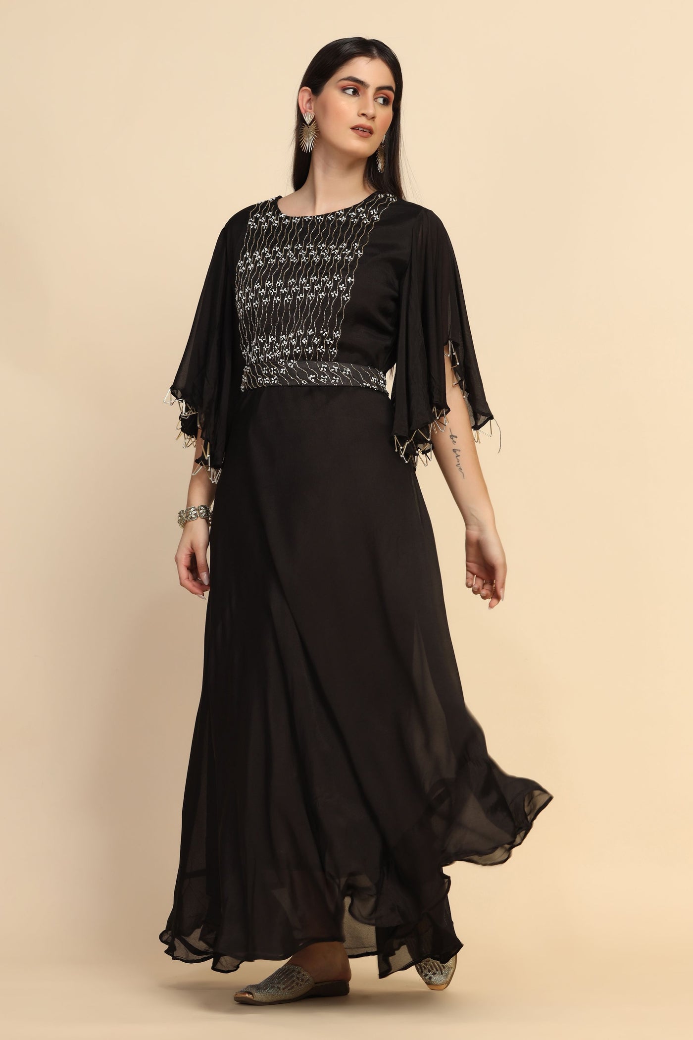 Gorgeous black color floral motif embroidered dress