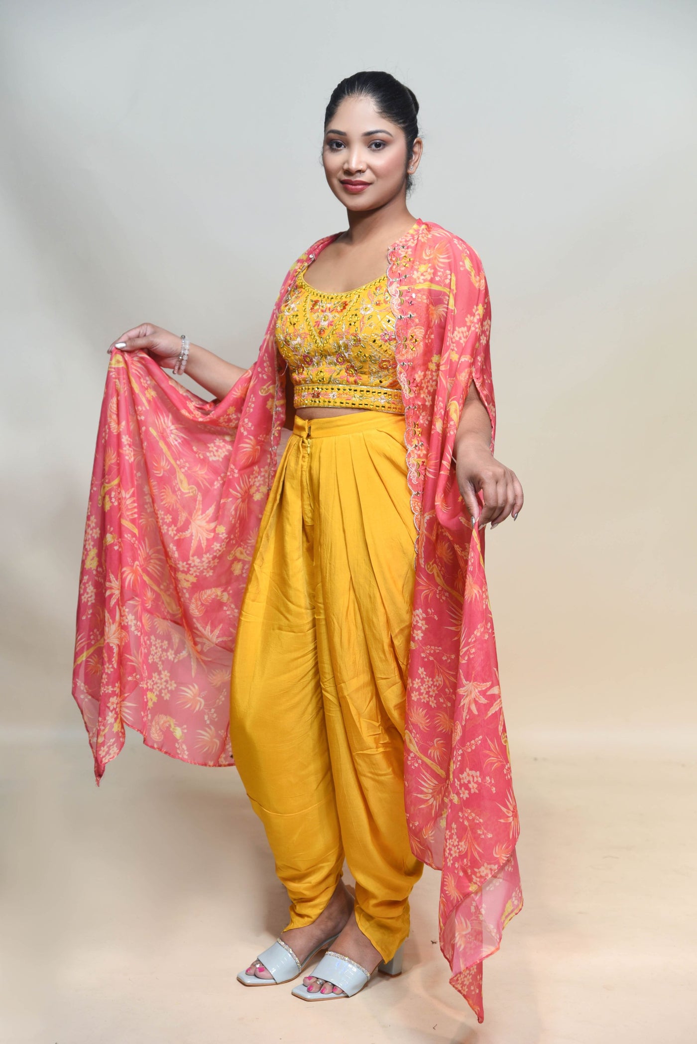 classic yellow color floral motif dhoti style dress