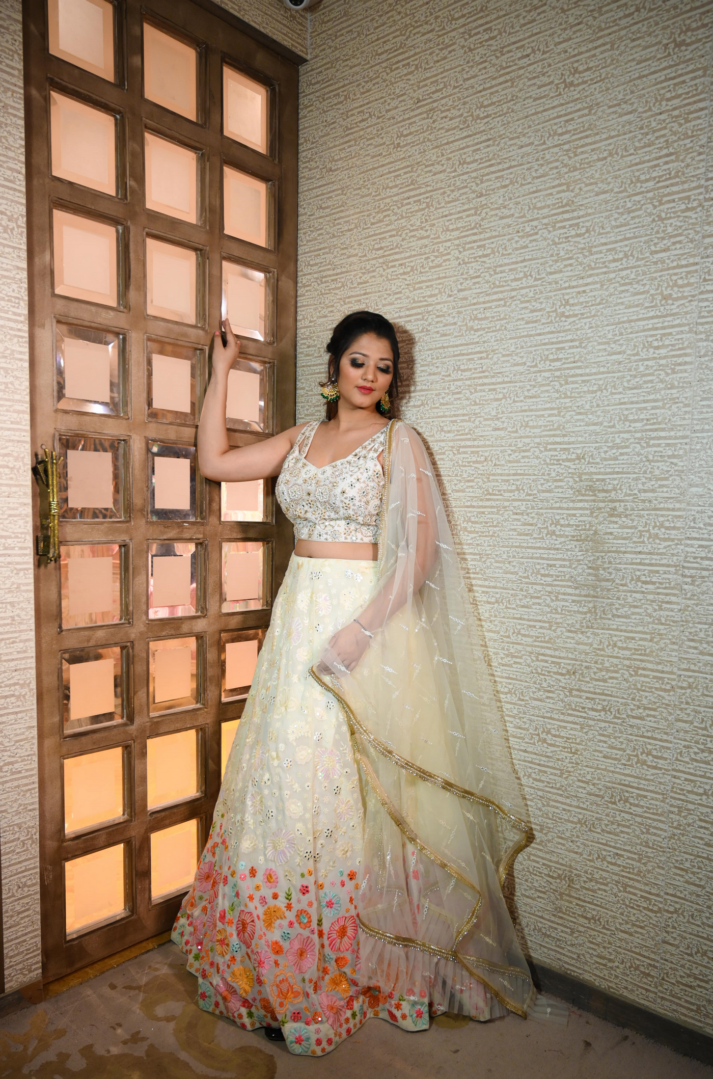 complete look of white floral lehenga